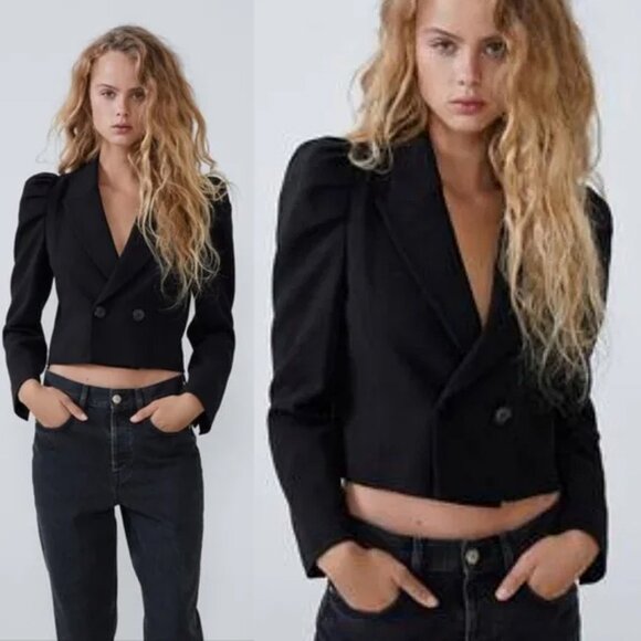 Zara Black Double Breasted Blazer Jacket XL Puff Sleeves Cropped Modern Office - Picture 1 of 16